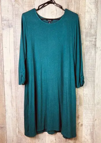 ALYX Size XL ALine Green Super Soft Sweater Dresss 3/4 Ruched Sleeves Ve…