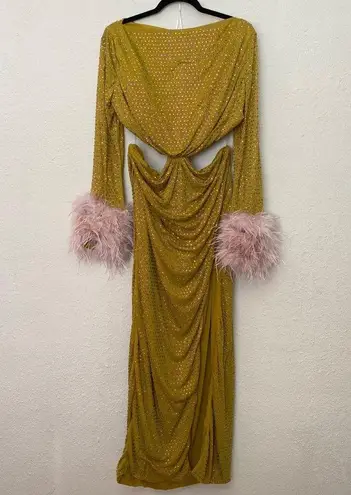 House Of CB  'Gina' Feathered Chartreuse Crystallised Maxi Dress NWOT size XL