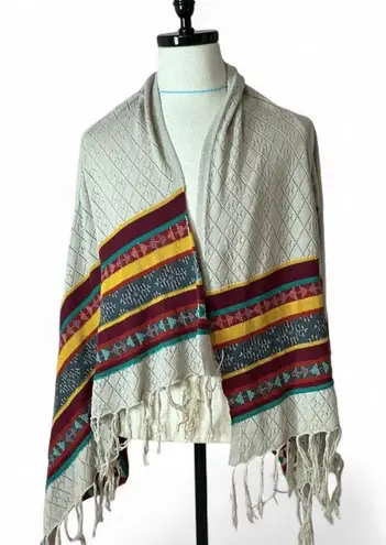 Boho Fringe Shawl Aztec Print Open Front Cardigan Cover Up Duster Tan Size M - Image 1