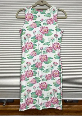 Lula Activewear White Pink Lotus Flower Print Activewear Tank Dress Size Small