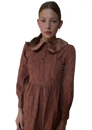 Milano Formals Mila Dress S Rust Brown Tiered Midi Long Sleeve Velvet Collar Embroidered Womens