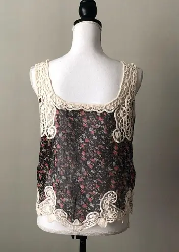 CRYSTAL K | Sheer Floral Crochet Lace Tank Top Size L