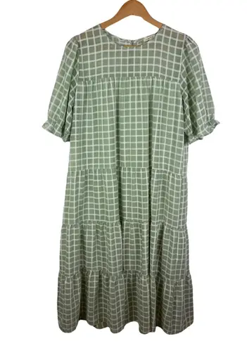JODIFL Green Windowpane Midi Dress Medium Tiered Plaid Casual Flowy Cottagecore