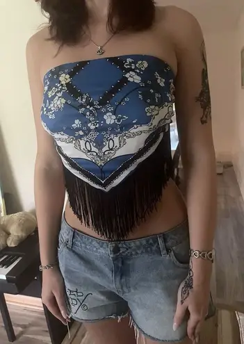 Blue Floral Stripe Fringe Bandana Tube Top L Strapless Tie Back Cotton Blend Size L