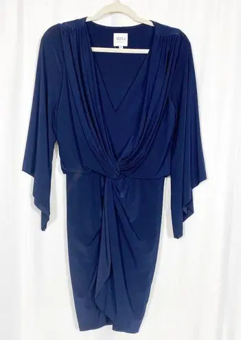 MISA Los Angeles Teget Draped Twist Front Bell Sleeve Mini Dress: Navy Blue