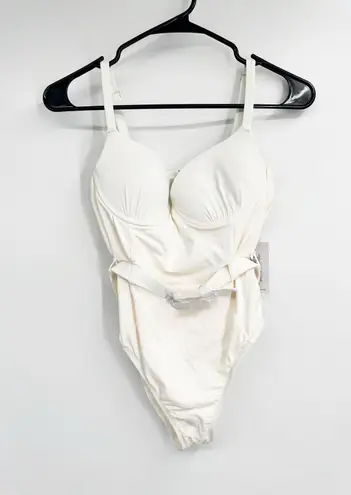 We Wore What Solid Off White Danielle Belted Underwire One Piece Swimsuit M NWT