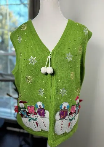 Reference Point NY Large Christmas Sweater Vest Zipper Snowman Green Snow Size XL