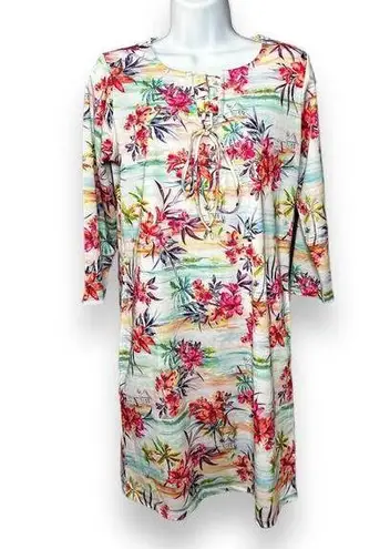 Caribbean Joe Floral Lace-Up Swim Cover Up Dress Tropical Floral Pullover Small