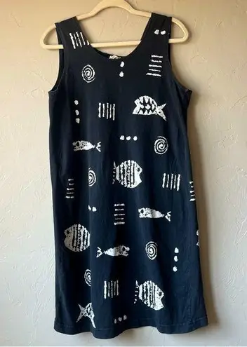 Cotton Fields Mac Black Fish Stencil Print Maxi Sleeveless Dress lagenlook Art Size L