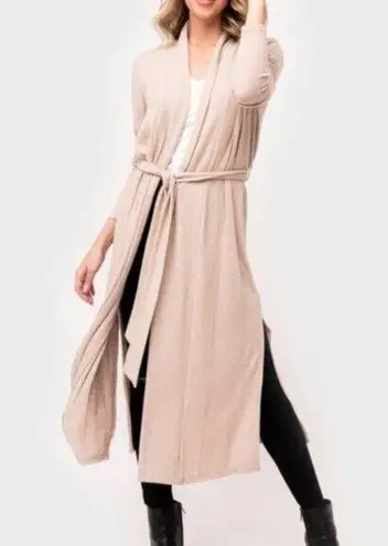 Gibson Look Cozy Fleece Long Belted Cardigan Almond Tan Beige Nude Size Small