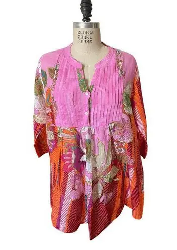 Antica Sartoria Positano Pink Floral Print Cotton Tunic Size Medium