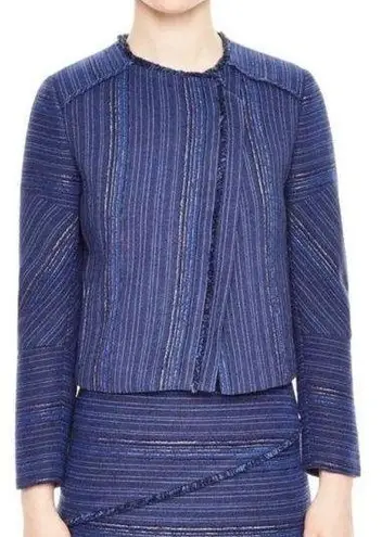 Sandro Asymmetrical Zip Up Frayed Striped Cropped Blue Jacket Size L