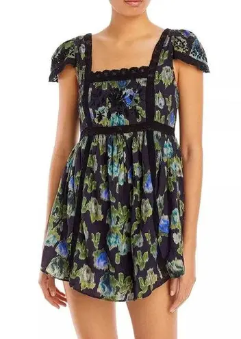 Love Shack Fancy NWT  Nutmeg Floral Lace Trim Mini Dress Deep Blue Trace 6