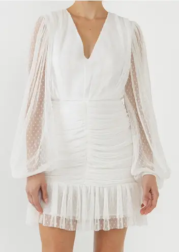 Endless Rose Women’s Swiss Dot Rushed Long Sleeve Mini Dress Size M White