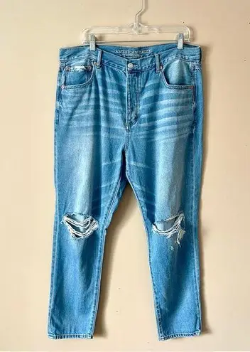 American Eagle  | Blue High Rise Girlfriend Fit Distressed Denim Jeans Sz 16