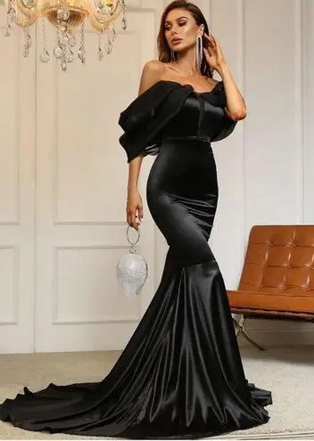 Faeriesty Elegant Off Shoulder Short Sleeve Satin Dress Black