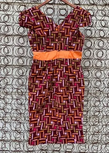 Vintage 60s 70s Art Deco Op Art Geometric Lines cap sleeve fitted dress Orange