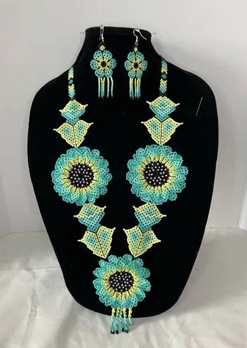 Floral Beaded Necklace and Earring Set
