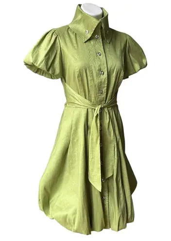 Frank Lyman Design Celery Green Bubble Hem Puff Sleeve Button Down Belted Dress Size 6