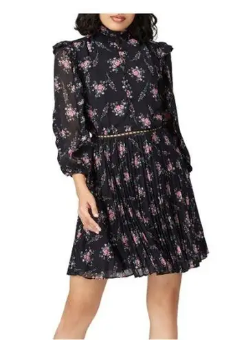 Monique Lhuillier ML Black Floral Ruffle Pleated Dress (Size 10)