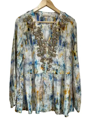 Soft Surroundings Embellished Peasant Top M Boho Floral Tunic Sparkle Beaded