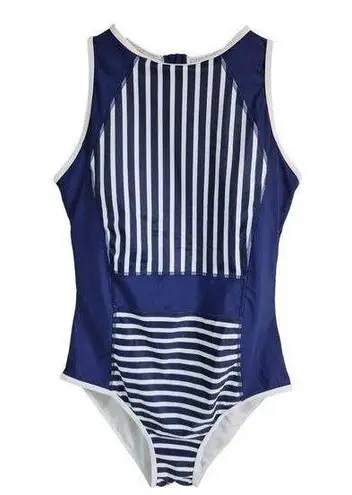 1PC Blue/White Bathing Suit w/ Stripes Zipper Down Back High Neckline Womens M/L Blue Size L