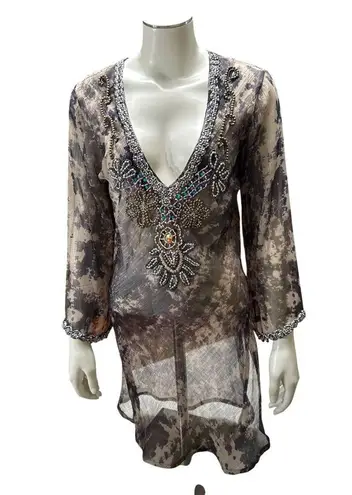Sheer Gray Beaded Tunic Size M India Boho Rhinestone Resortwear Festival Top