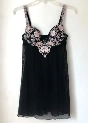 Parisa Vintage Y2K 00s Black Floral Embroidered Sheer Mesh Babydoll 34B