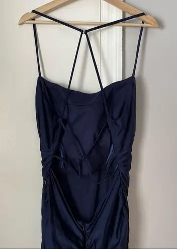 La Femme  Shiny Jersey Blue Open Back Trumpet Gown Dress