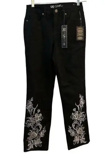 Diane Gilman DG2 by Women's Black Straight Jeans Size 6 Floral Embroidery