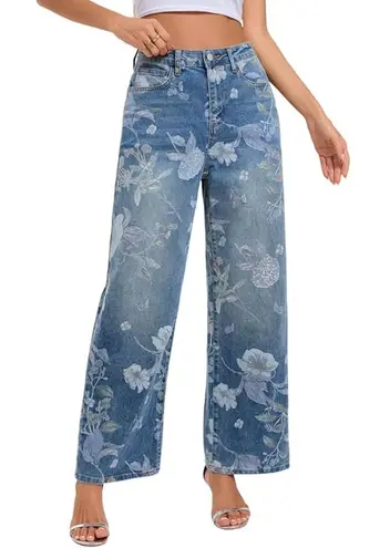 NWT ~ Women's Bohemian Wide Leg High Waist Floral Boho Denim Blue Jeans ~ LARGE Size undefined