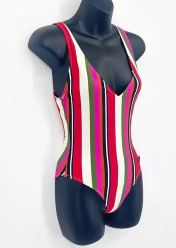 Solid & Striped  V Neck Low Back Striped One Piece Swimsuit Pink Small