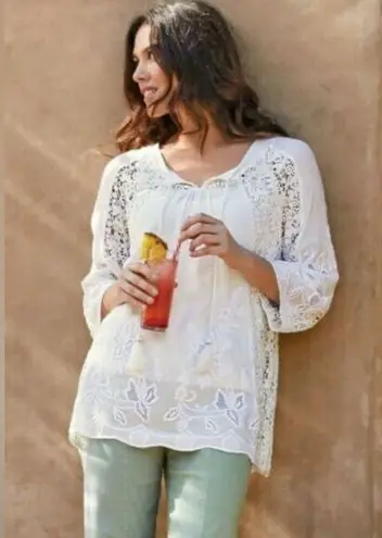 Soft Surroundings 2-pc white rosette lace crotchet embroidery boho top Large