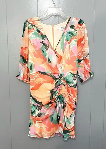 Adelyn Rae Coral Floral Metallic Stripe Chiffon Ruched Party Mini Dress M