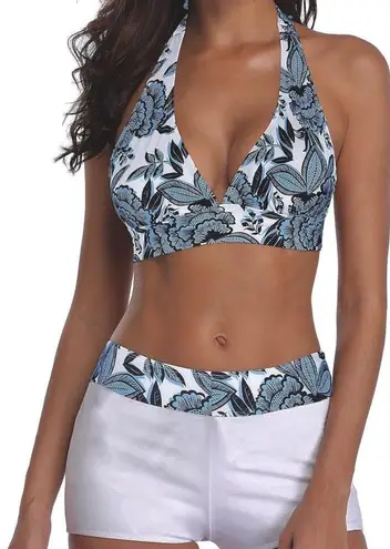 NWOT Women's Sporty Two Piece Swimsuit Halter Push Up Top w/ Shorts Size:Large Blue