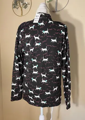 Karen Scott Black White Pink Kitty Cat Ribbon Print Mock Neck Top Medium