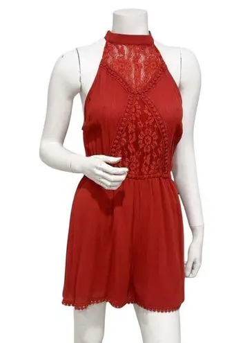Love, Fire Women's Brick Red Lace Front Pom Edged Halter Romper Size M Size M