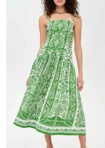 Farm Rio Delicate Tapestry Green Floral Linen Midi Dress $265 New W/ Tags Medium