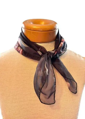 Vintage Floral Silk Scarf 20x20 Inches Black With Red & Pink Flowers Lightweight