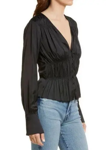 Frame Women's Shirred V-Neck Blouse Black XL Long Sleeve Casual Fall Top