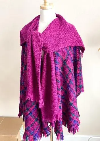 Boyne Valley Weavers Handmade Wool Blend Poncho Wrap Scarf Purple Plaid Fringe Size undefined