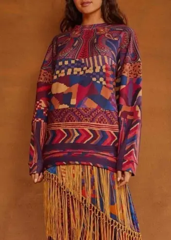 Farm Rio  Mix Print Tunic Long Line Aztec Print Sweatshirt Size Small