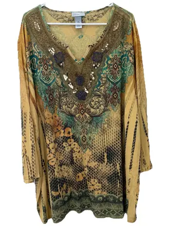 Catherines Yellow Floral Beaded Sequins 3/4 Sleeve Top Size 4X