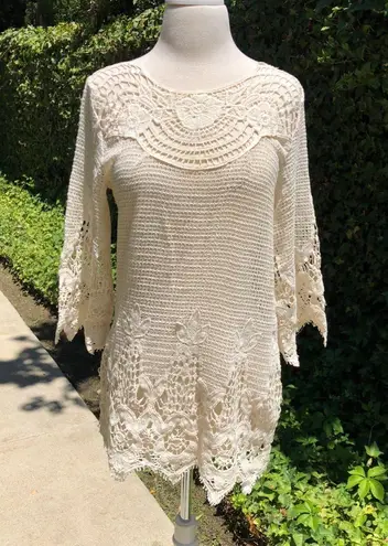 Forgotten Grace Gorgeous Crochet Bell Sleeve Natural Beige Tunic Size Small