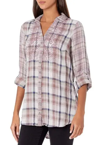 Vintage X America Size L Nadia Embellished Plaid Button Top Rustic Cozy Cabin White Size L