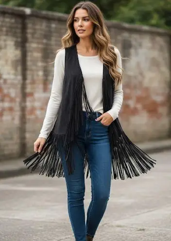 Panhandle Powder River Outfitters Collection by Faux Suede Fringe Vest Size XL