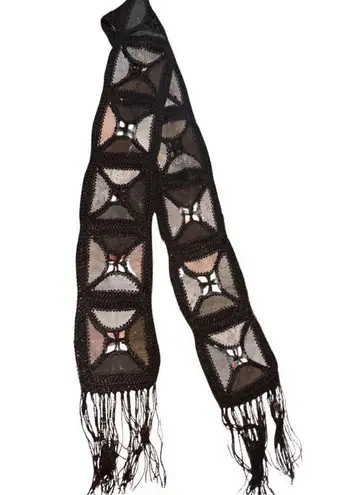 Vintage 1970s Sash Belt Leather Macrame Crochet Scarf Brown