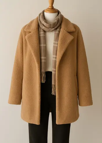 Kate & Sam Camel Teddy CabinCore Coat Chic Cozy Faux Shearling Jacket (Large) Tan