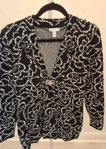 Charter Club Black & White PM Floral Front Belt Clasp Design Sweater Cardigan