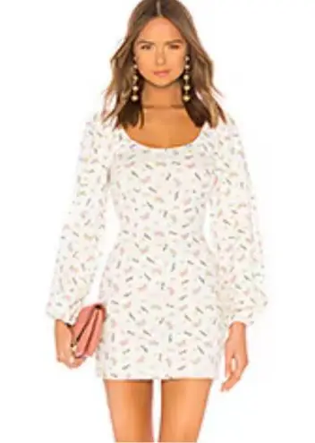LPA Revolve Dress Send Nudes Floral Print White Linen Puff Sleeve Mini Dress XL